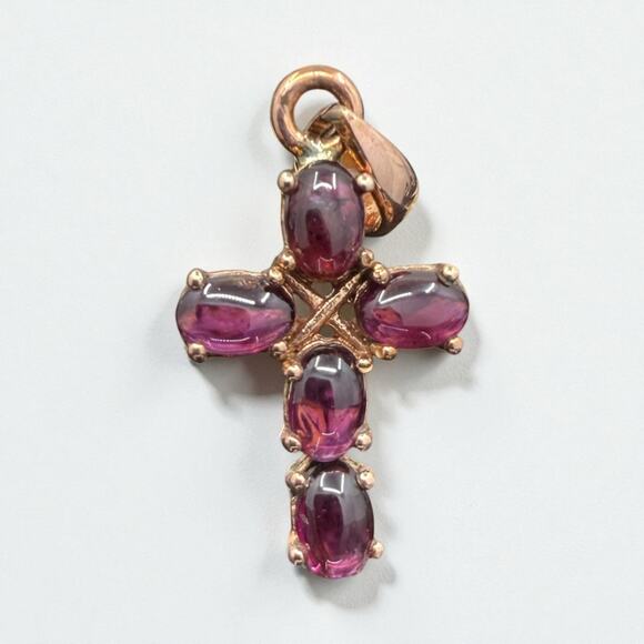 Natural Rhodolite Garnet Copper Cross Pendant Handmade Chain Sold Separately - Picture 3 of 5